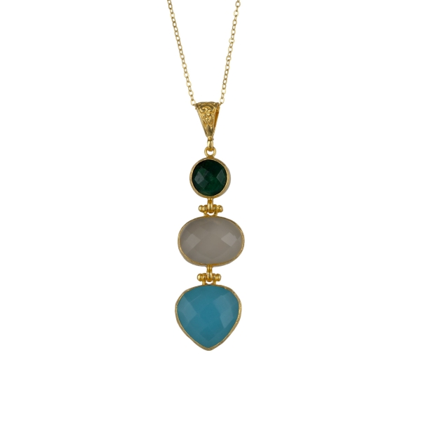 Necklace made from brass, aqua Ch.,Chalcedony, Emerald
